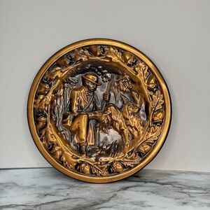 Vintage Wall Decor Plaque Copper Plate Hunting Scene, Man & Dog Hunters
